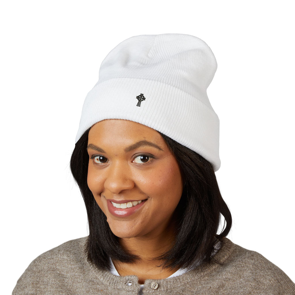 Embroidered Christian Beanie Celtic Cross Knit Cuffed Hat Minimal Faith Apparel Gift for Men Women | Christian Streetwear