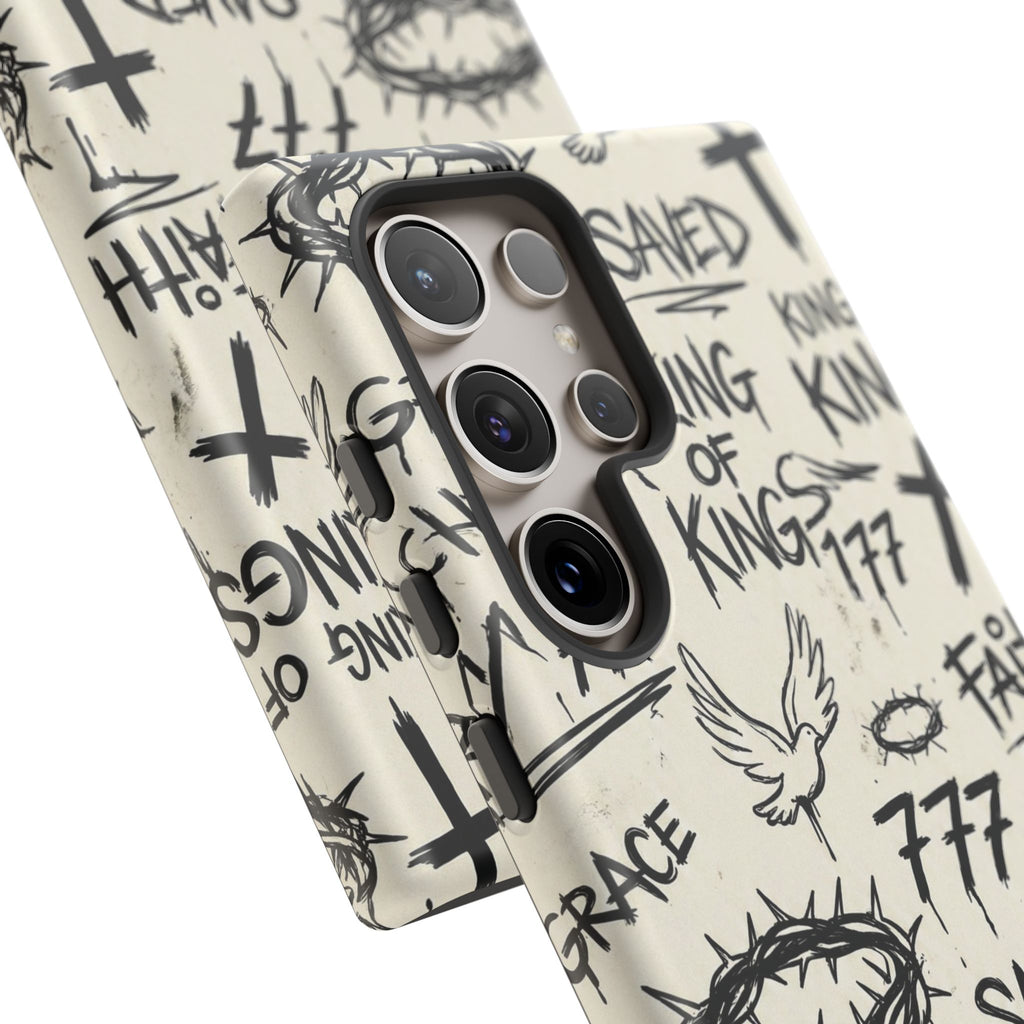 Christian Graffiti Phone Case | "Saved" & "King of Kings" Doodle Art, Urban Streetwear Faith Cover, Modern Religious Sketch Design