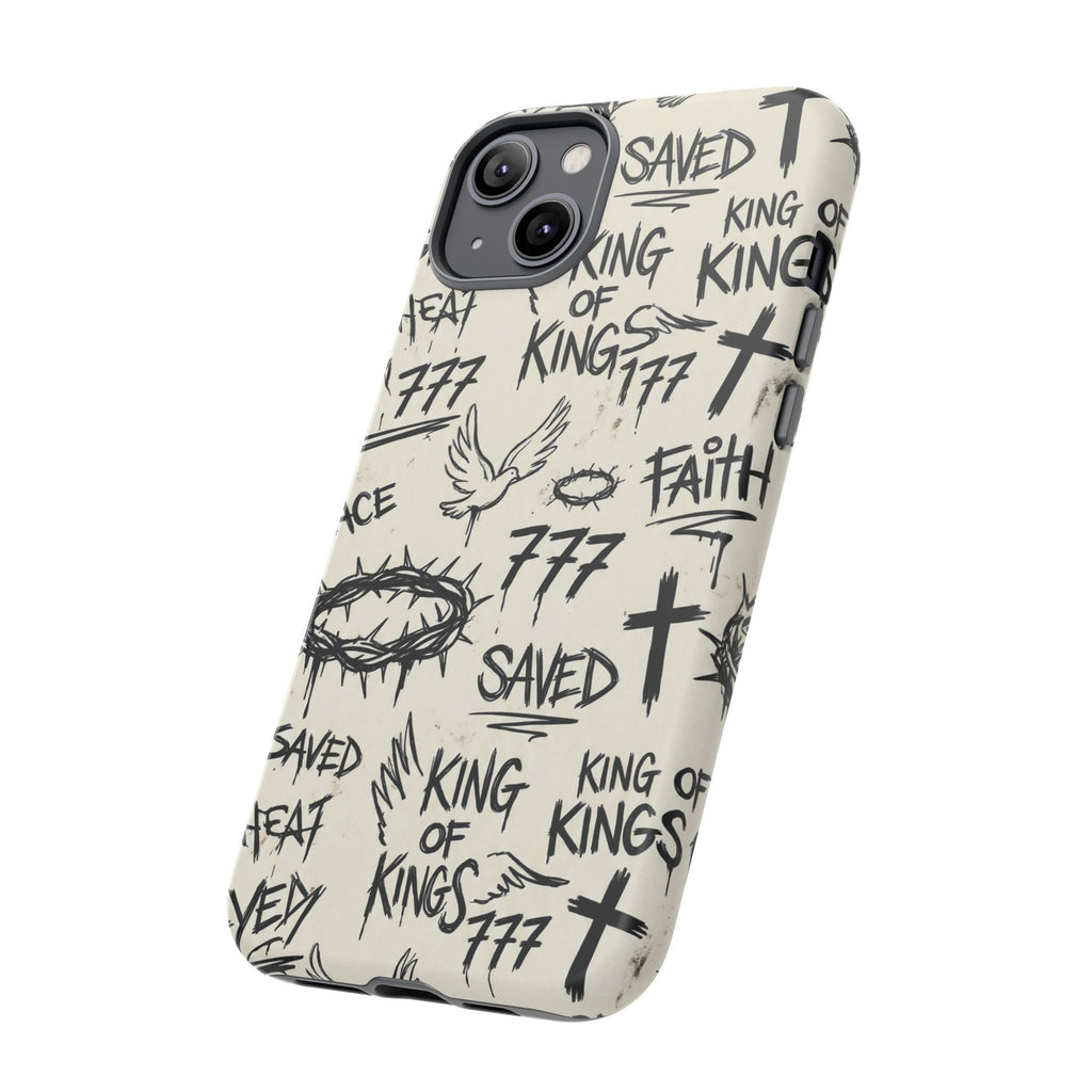 Christian Graffiti Phone Case | "Saved" & "King of Kings" Doodle Art, Urban Streetwear Faith Cover, Modern Religious Sketch Design