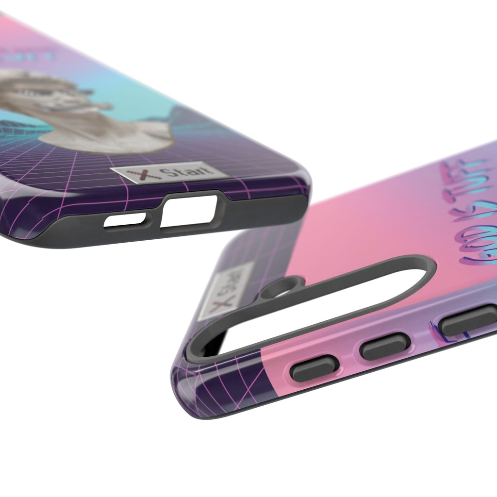 God is Tuff" Vaporwave Christian Phone Case | Aesthetic Statue with Pixel Shades, Retro 80s 90s Synthwave Grid, Gen Z Faith Gift