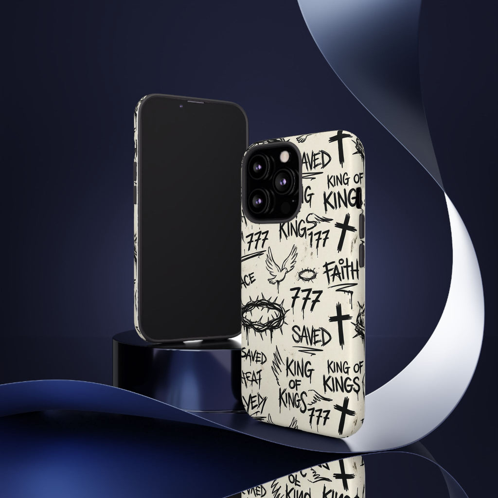 Christian Graffiti Phone Case | "Saved" & "King of Kings" Doodle Art, Urban Streetwear Faith Cover, Modern Religious Sketch Design