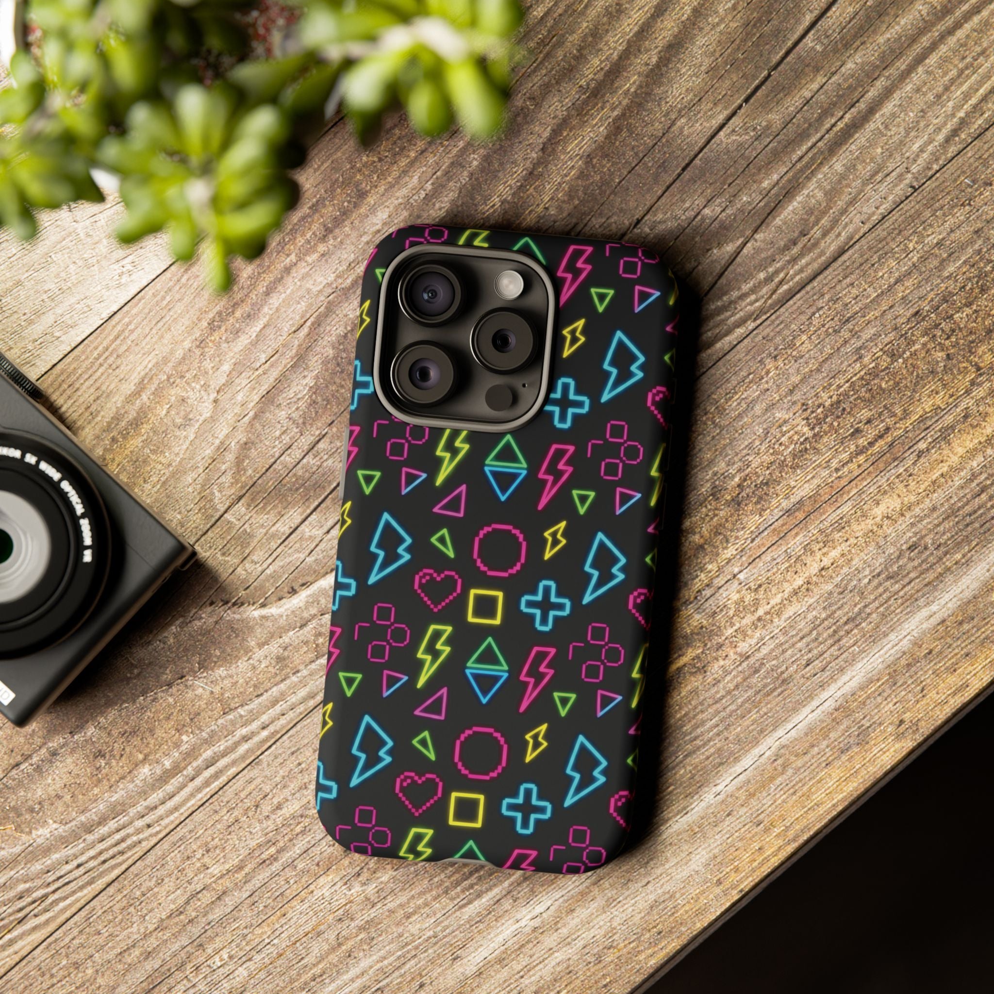 Electric Savior" Retro 90s Christian Phone Case | Neon Synthwave Pixel Art, Lightning Cross & Geometric Design, Bold Faith Gift