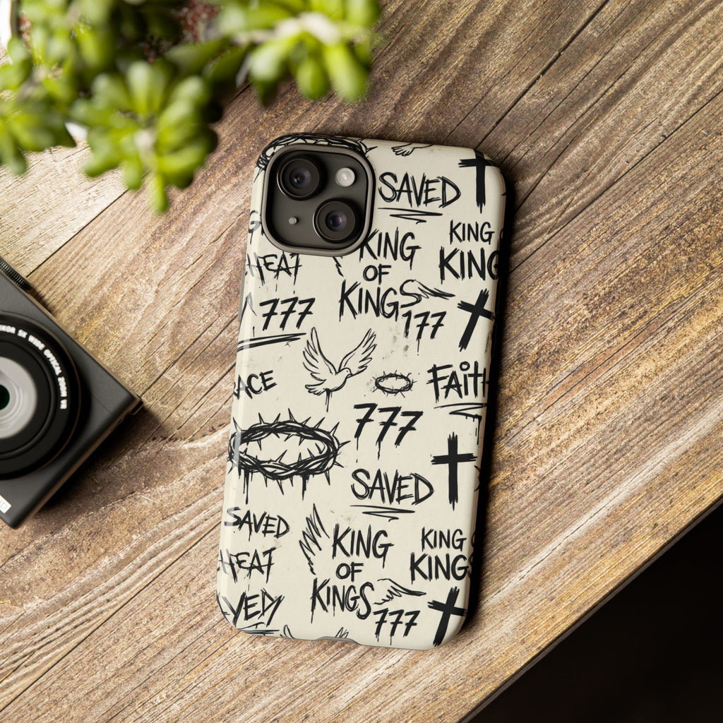 Christian Graffiti Phone Case | "Saved" & "King of Kings" Doodle Art, Urban Streetwear Faith Cover, Modern Religious Sketch Design