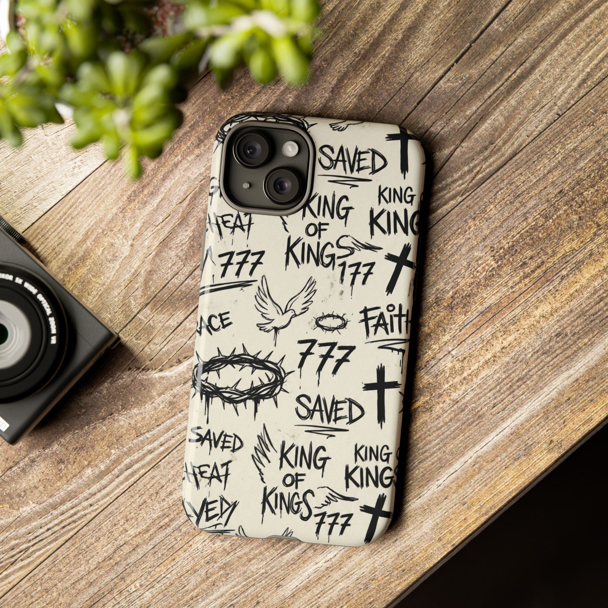 Christian Graffiti Phone Case | "Saved" & "King of Kings" Doodle Art, Urban Streetwear Faith Cover, Modern Religious Sketch Design
