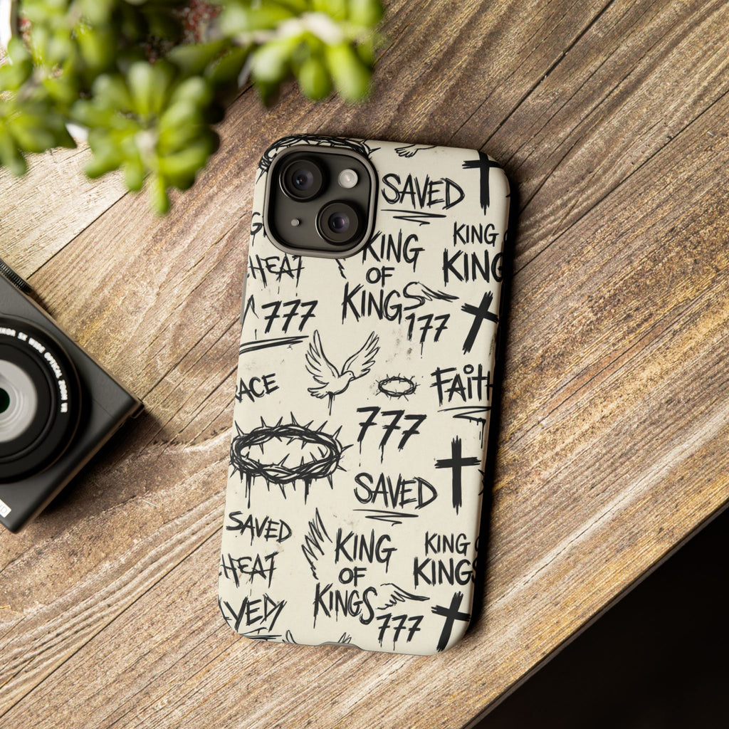 Christian Graffiti Phone Case | "Saved" & "King of Kings" Doodle Art, Urban Streetwear Faith Cover, Modern Religious Sketch Design