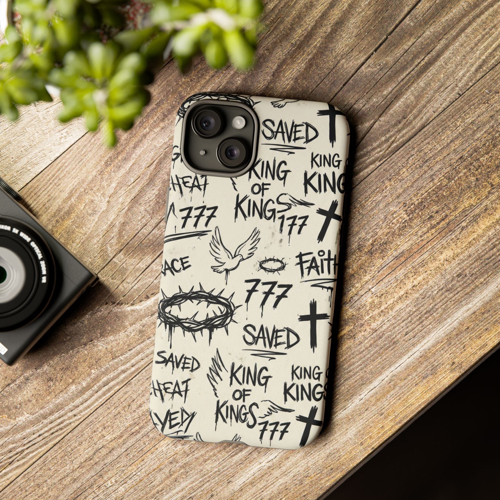 Christian Graffiti Phone Case | "Saved" & "King of Kings" Doodle Art, Urban Streetwear Faith Cover, Modern Religious Sketch Design