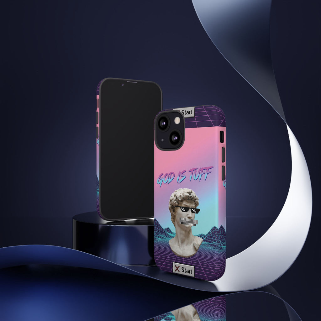 God is Tuff" Vaporwave Christian Phone Case | Aesthetic Statue with Pixel Shades, Retro 80s 90s Synthwave Grid, Gen Z Faith Gift