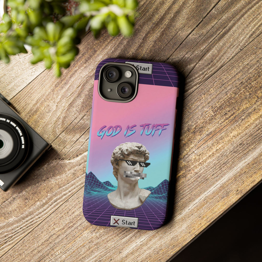 God is Tuff" Vaporwave Christian Phone Case | Aesthetic Statue with Pixel Shades, Retro 80s 90s Synthwave Grid, Gen Z Faith Gift