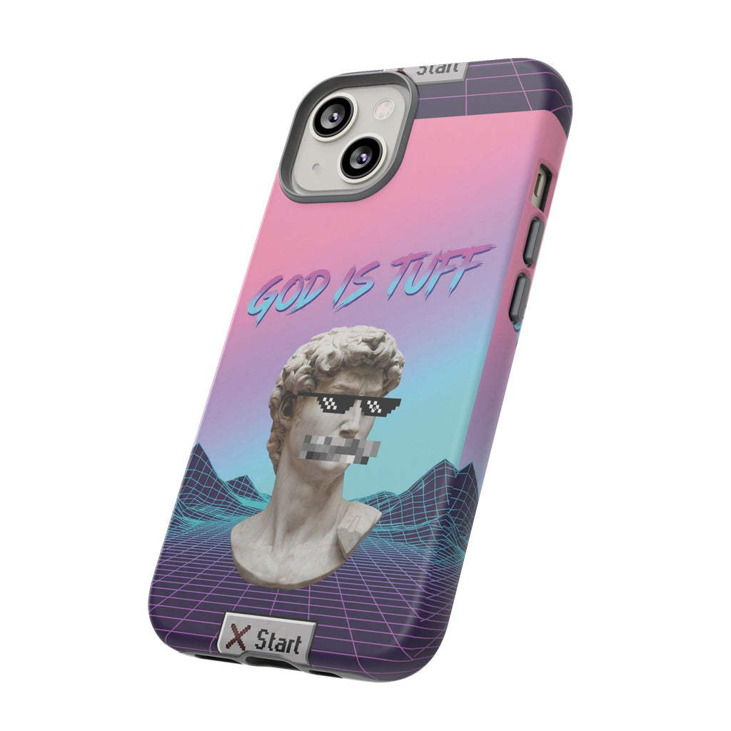 God is Tuff" Vaporwave Christian Phone Case | Aesthetic Statue with Pixel Shades, Retro 80s 90s Synthwave Grid, Gen Z Faith Gift