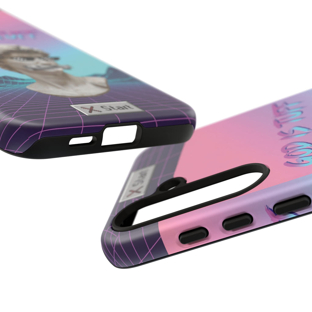God is Tuff" Vaporwave Christian Phone Case | Aesthetic Statue with Pixel Shades, Retro 80s 90s Synthwave Grid, Gen Z Faith Gift