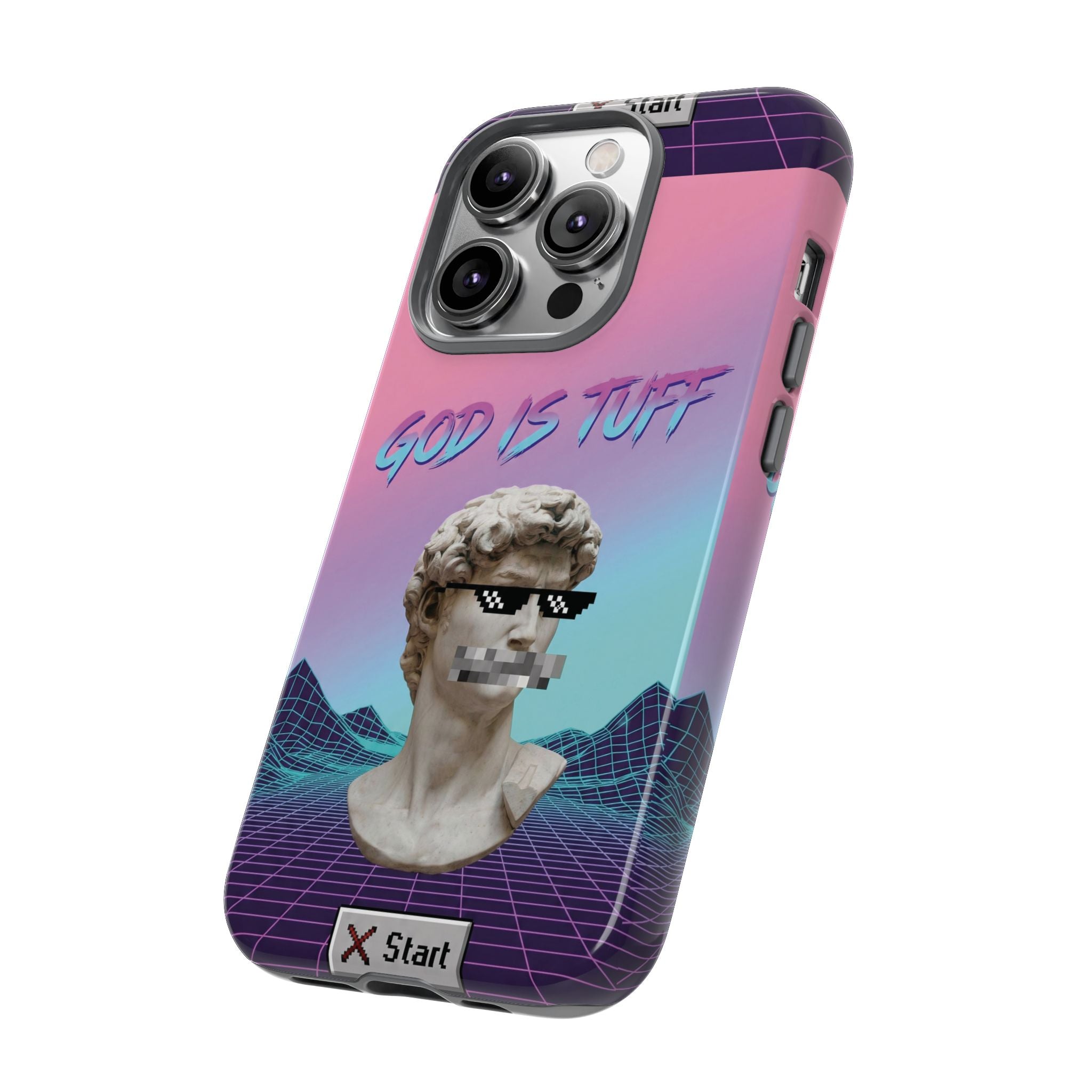God is Tuff" Vaporwave Christian Phone Case | Aesthetic Statue with Pixel Shades, Retro 80s 90s Synthwave Grid, Gen Z Faith Gift