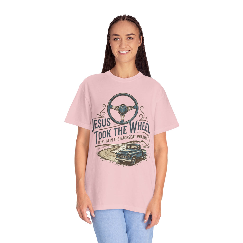 Jesus Took the Wheel steering wheel and vintage truck T-shirt | Christian faith shirt