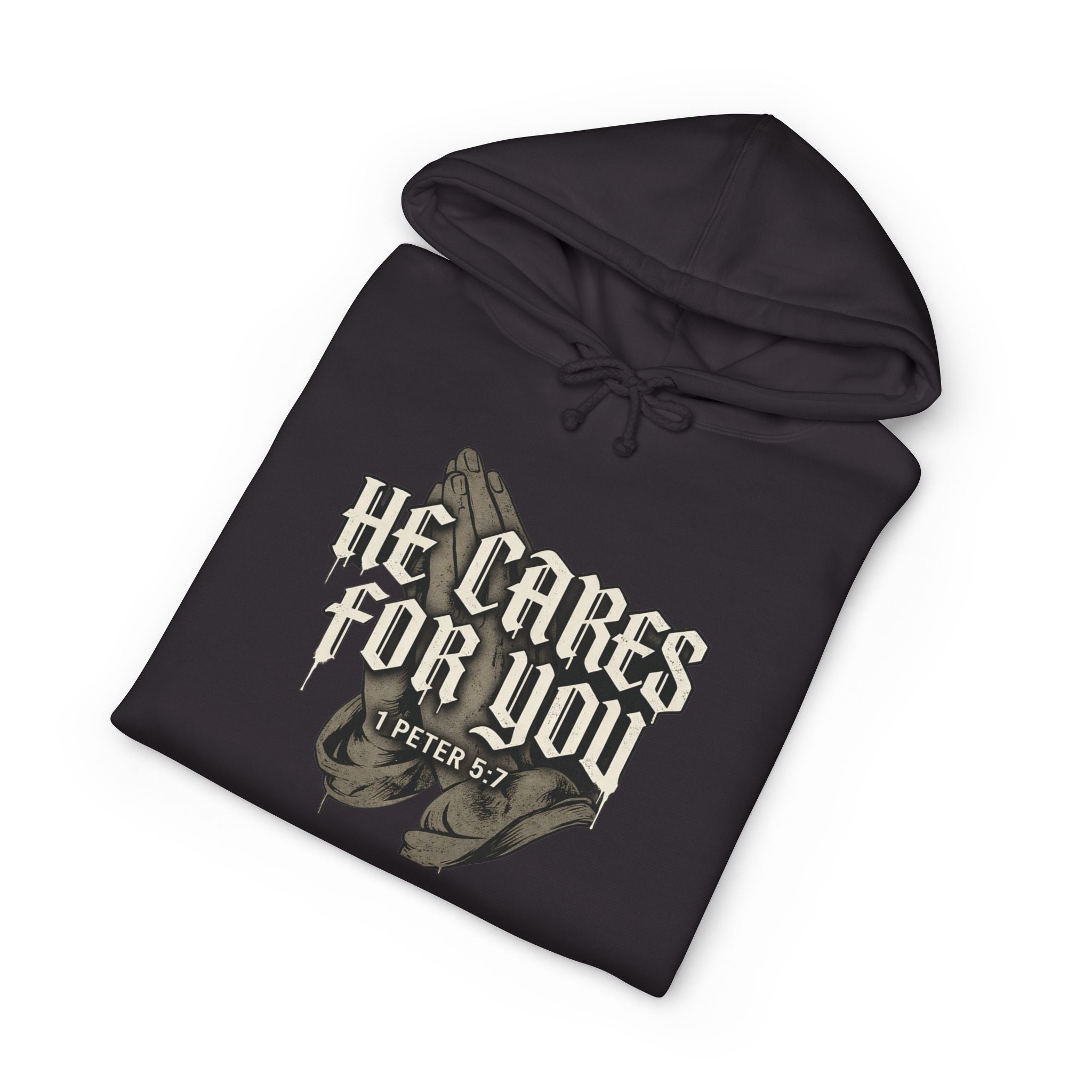 HE CARES FOR YOU Christian Hoodie, 1 Peter 5:7 Bible Verse, Faith Streetwear, Gift for Christian, ArmorNGlory
