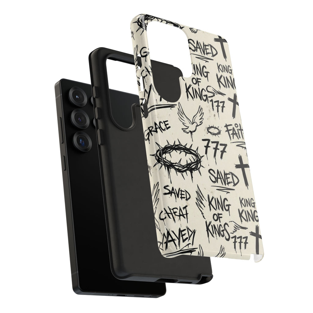 Christian Graffiti Phone Case | "Saved" & "King of Kings" Doodle Art, Urban Streetwear Faith Cover, Modern Religious Sketch Design