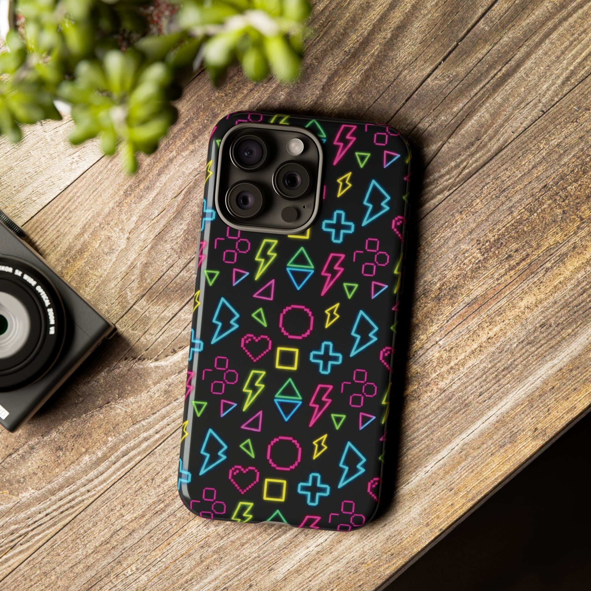 Electric Savior" Retro 90s Christian Phone Case | Neon Synthwave Pixel Art, Lightning Cross & Geometric Design, Bold Faith Gift