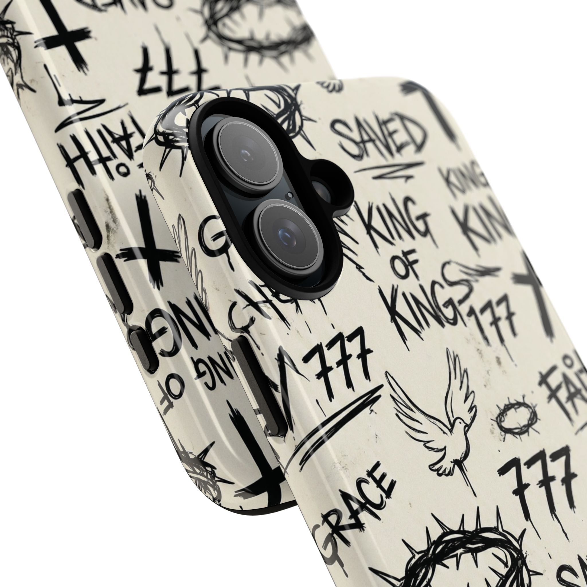 Christian Graffiti Phone Case | "Saved" & "King of Kings" Doodle Art, Urban Streetwear Faith Cover, Modern Religious Sketch Design
