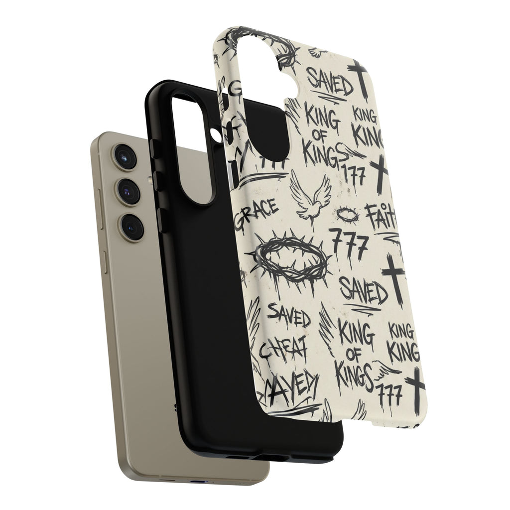Christian Graffiti Phone Case | "Saved" & "King of Kings" Doodle Art, Urban Streetwear Faith Cover, Modern Religious Sketch Design