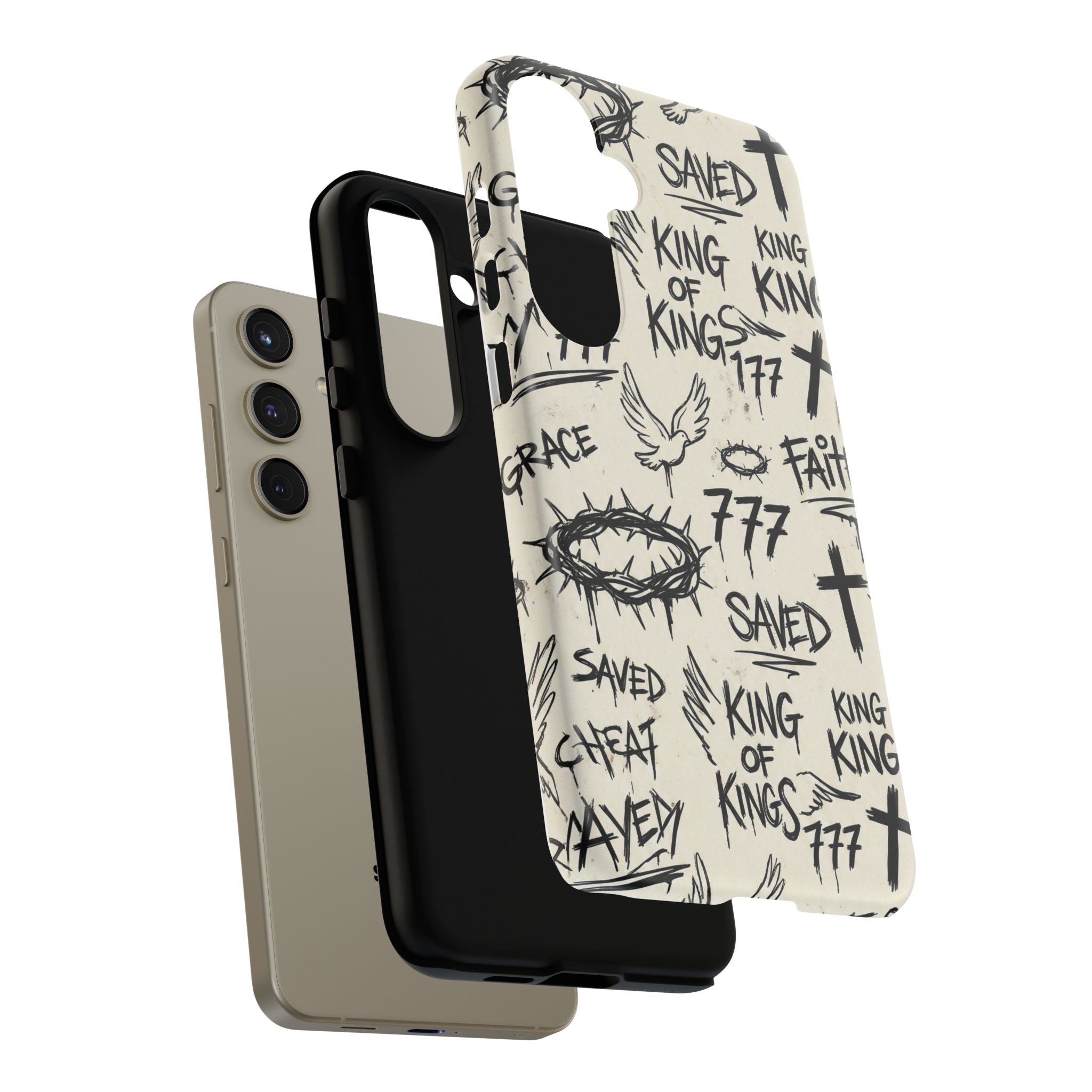 Christian Graffiti Phone Case | "Saved" & "King of Kings" Doodle Art, Urban Streetwear Faith Cover, Modern Religious Sketch Design