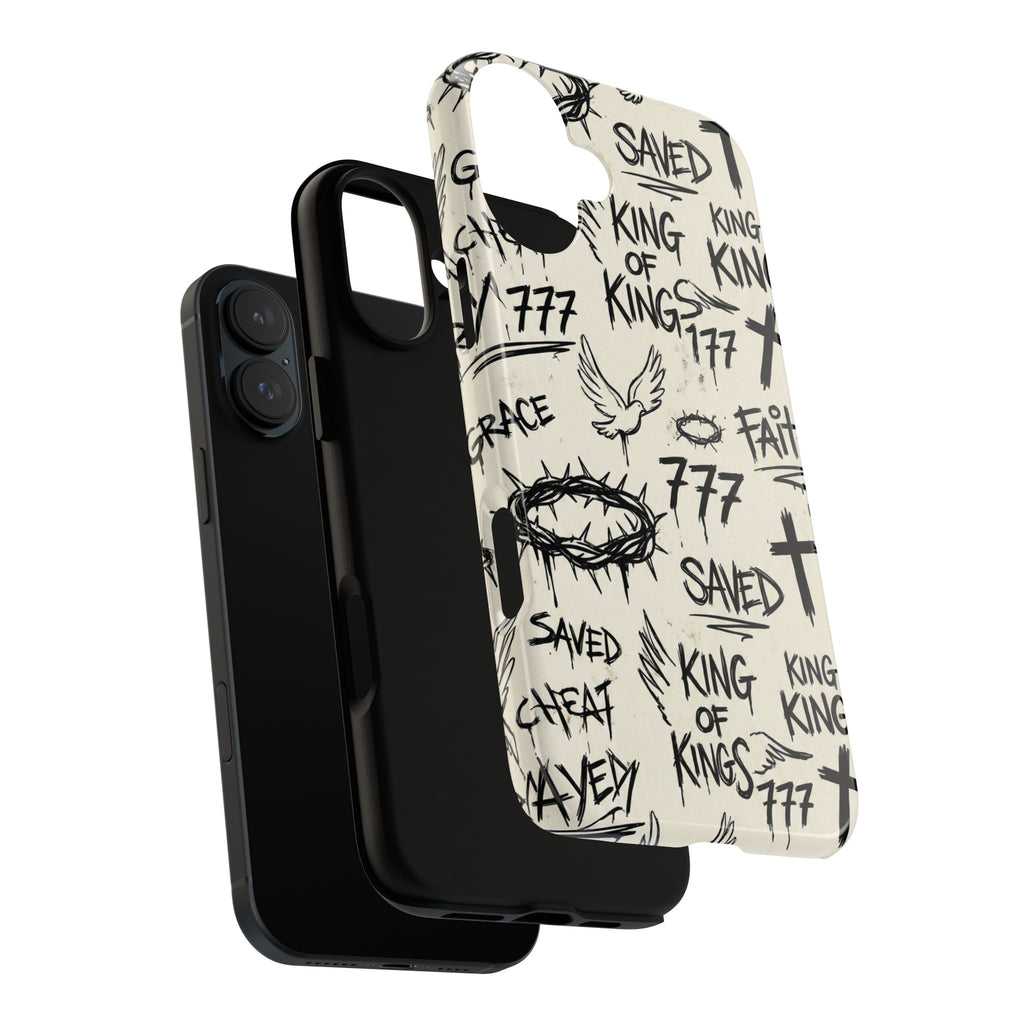 Christian Graffiti Phone Case | "Saved" & "King of Kings" Doodle Art, Urban Streetwear Faith Cover, Modern Religious Sketch Design
