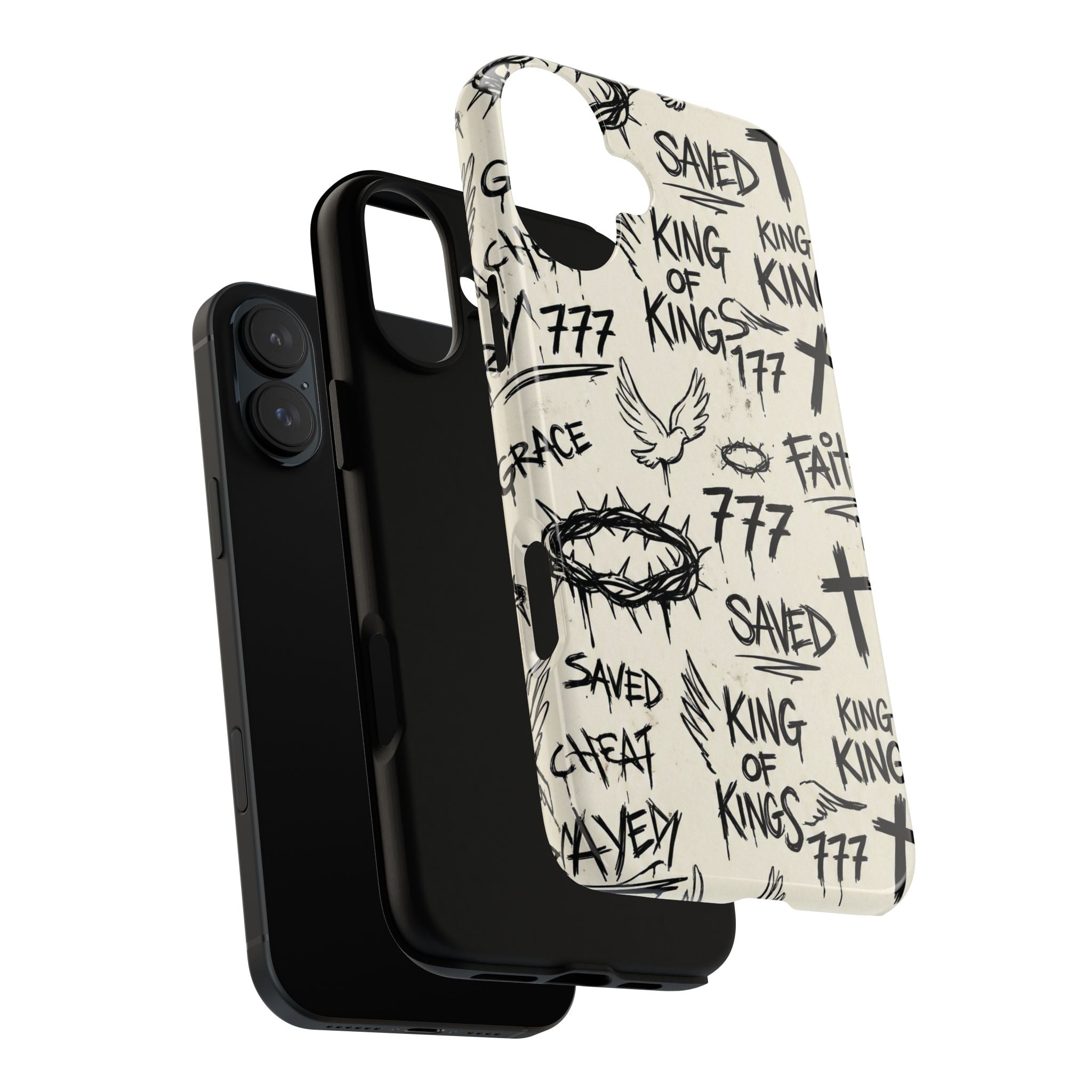 Christian Graffiti Phone Case | "Saved" & "King of Kings" Doodle Art, Urban Streetwear Faith Cover, Modern Religious Sketch Design