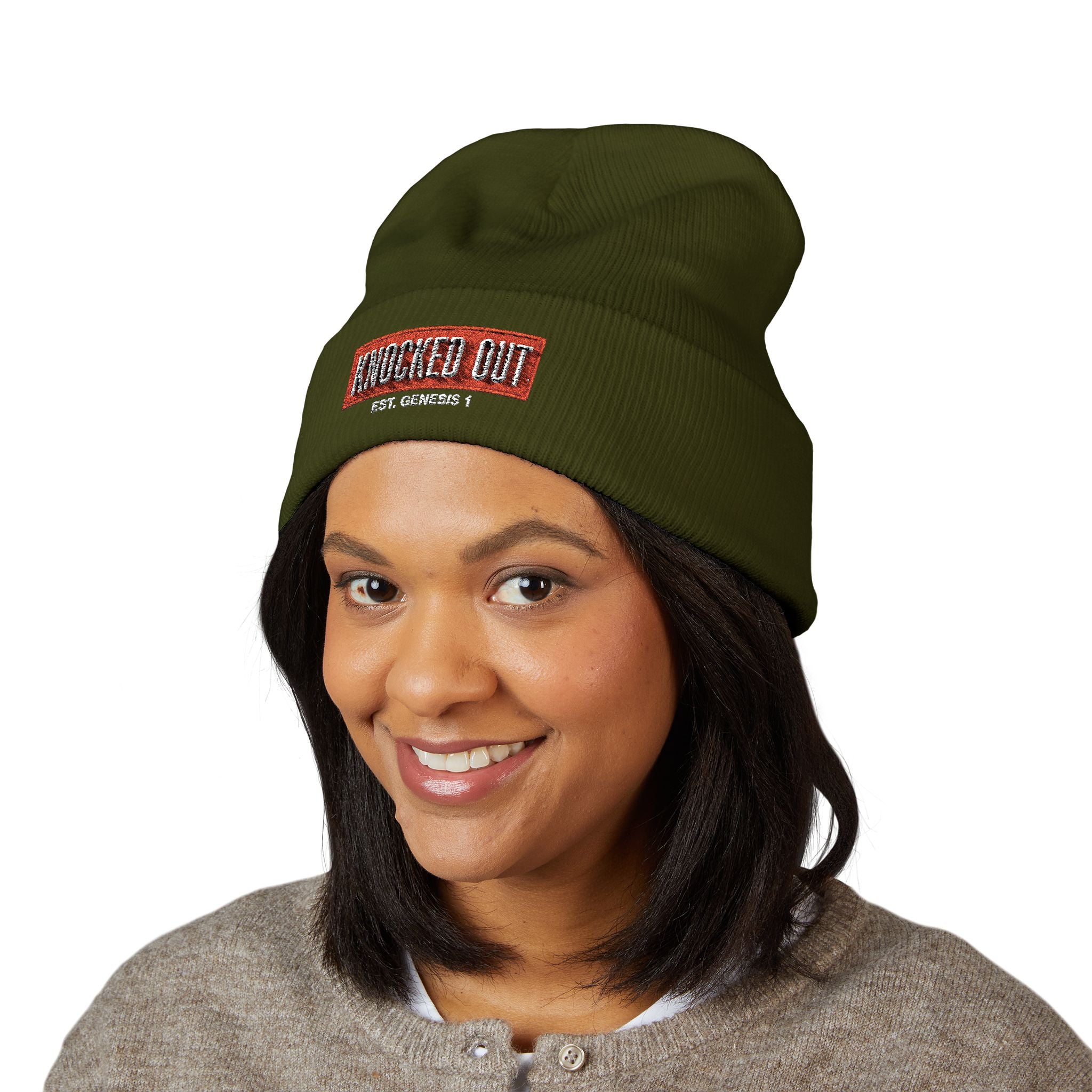 Knocked Out Embroidered Logo Beanie | Cuffed Beanie, Olive
