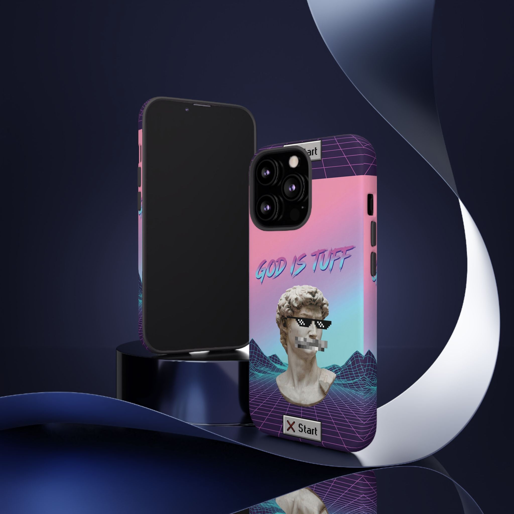 God is Tuff" Vaporwave Christian Phone Case | Aesthetic Statue with Pixel Shades, Retro 80s 90s Synthwave Grid, Gen Z Faith Gift
