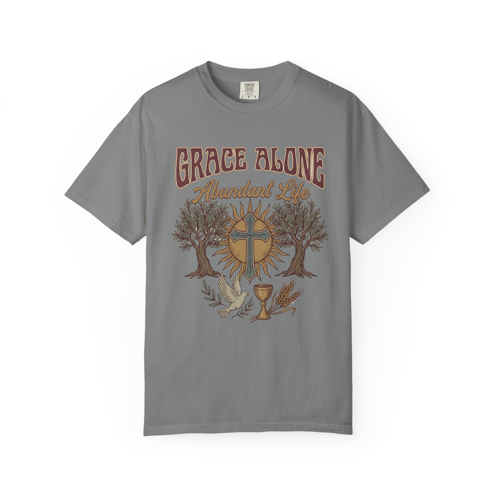 Grace Alone Abundant Life T-shirt | Christian cross, chalice, olive trees