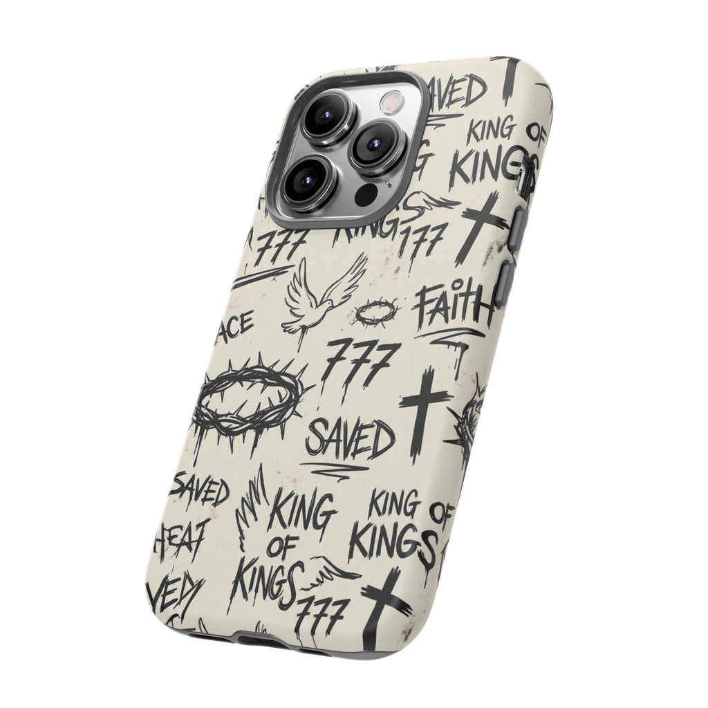 Christian Graffiti Phone Case | "Saved" & "King of Kings" Doodle Art, Urban Streetwear Faith Cover, Modern Religious Sketch Design