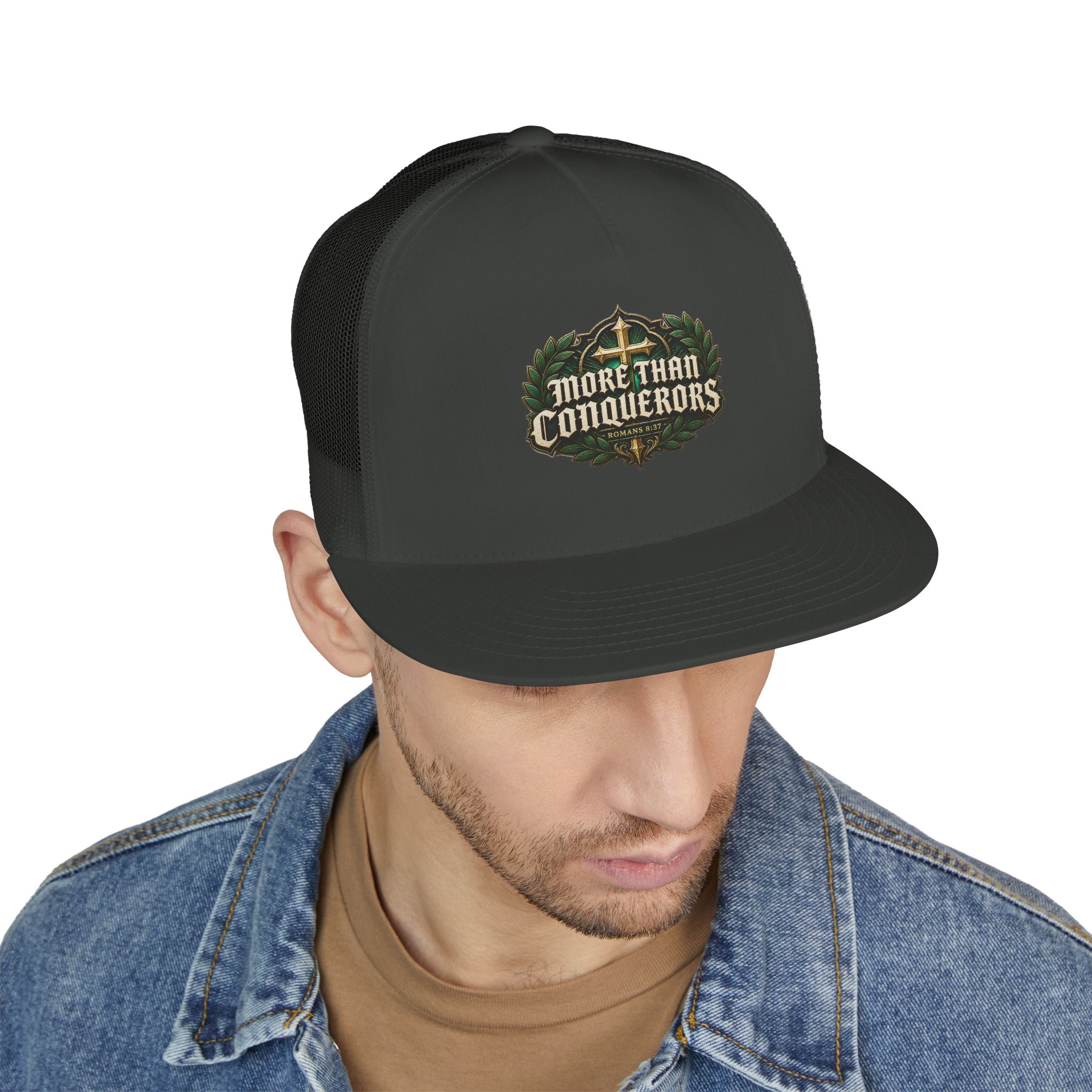 MORE THAN CONQUERORS Printed Christian 5-Panel Trucker Cap