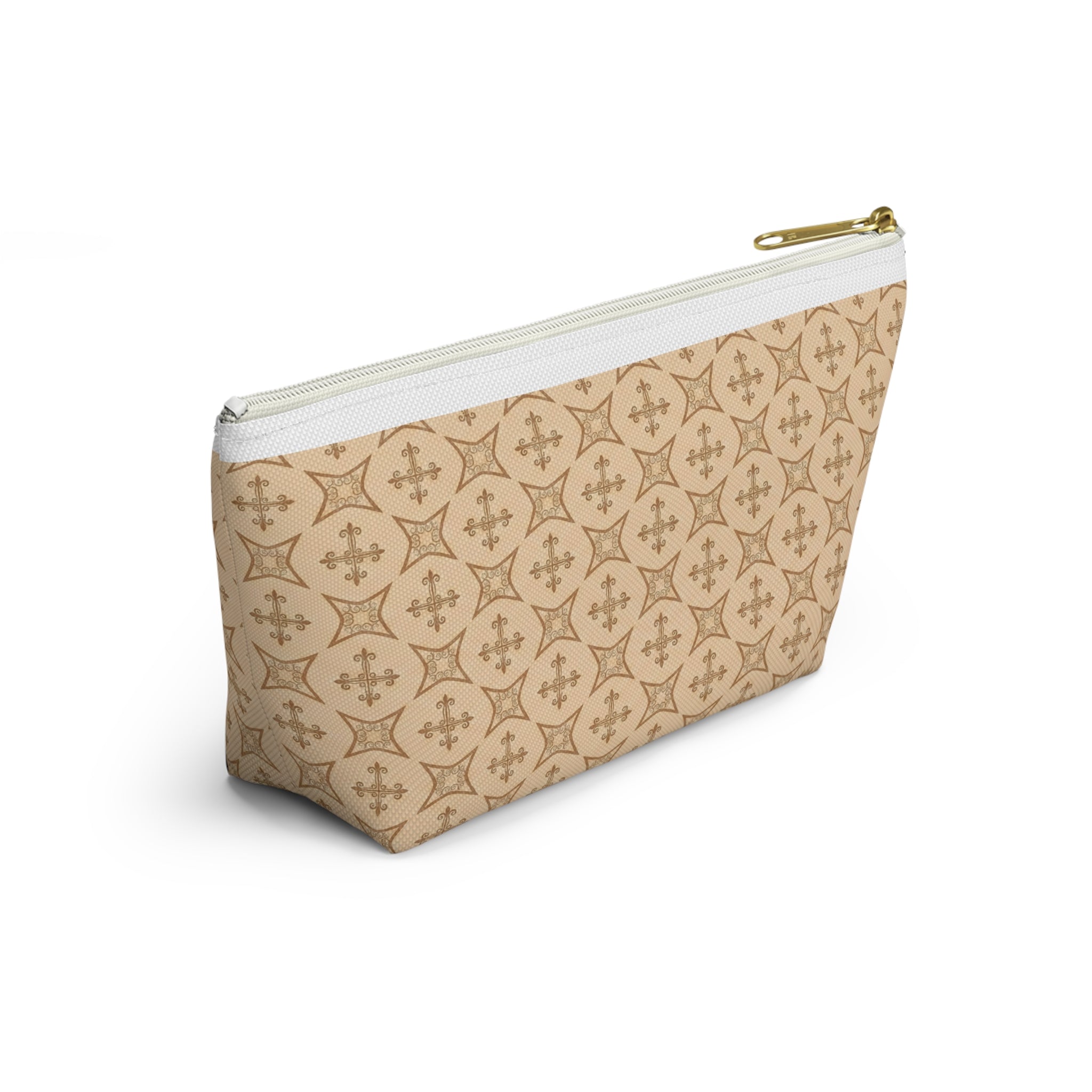 Nail Tech Makeup Bag for Press On Nails, Neutral Cross Pattern Cosmetic Pouch, Christian Travel Toiletry Bag, Faith Gift for Her