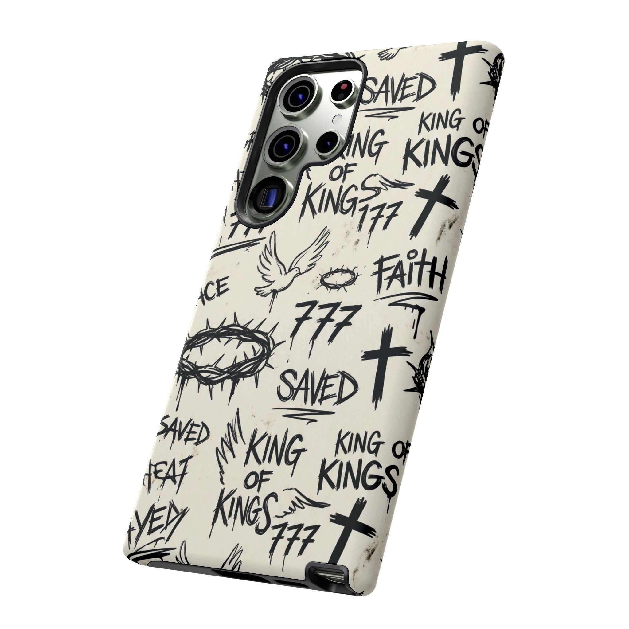 Christian Graffiti Phone Case | "Saved" & "King of Kings" Doodle Art, Urban Streetwear Faith Cover, Modern Religious Sketch Design