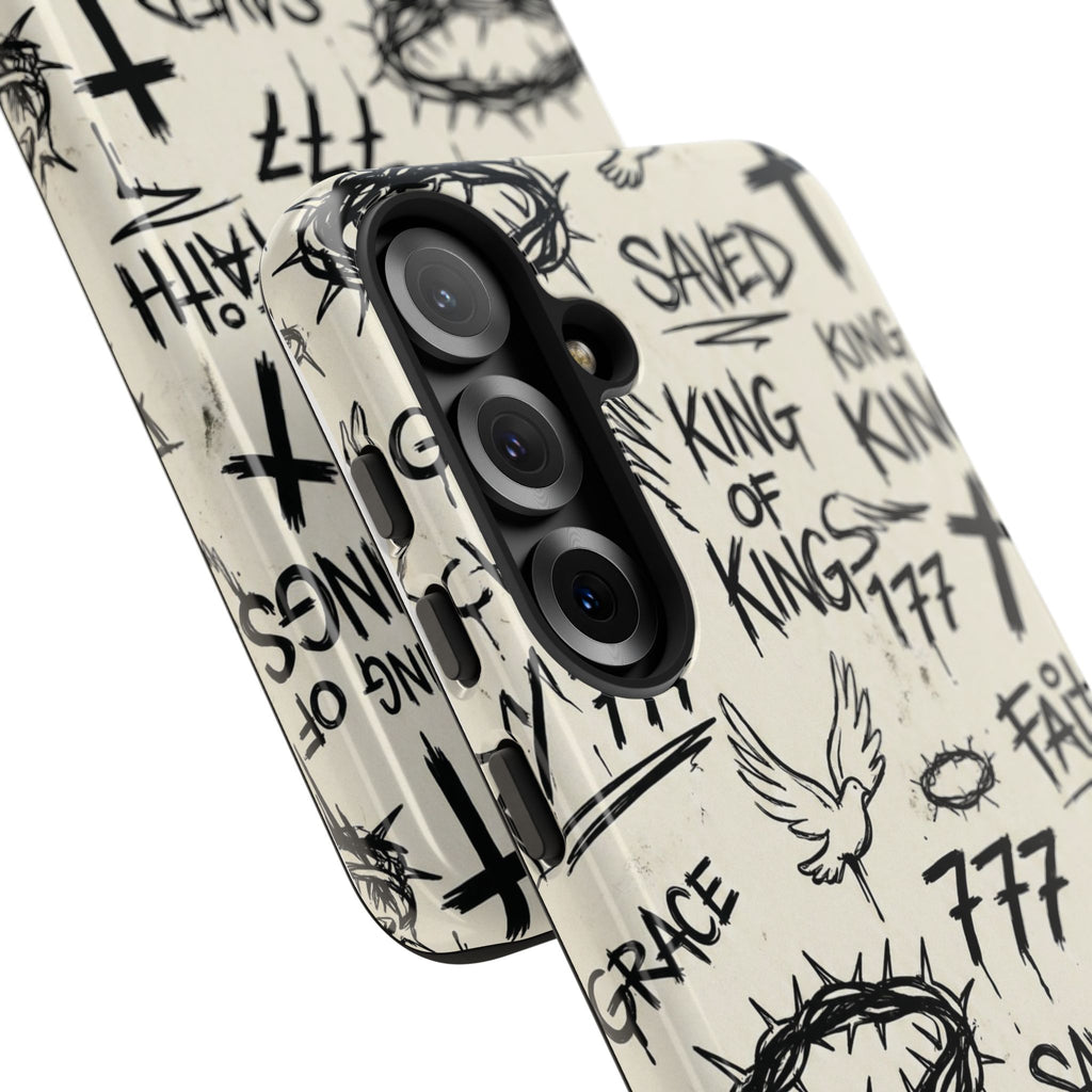 Christian Graffiti Phone Case | "Saved" & "King of Kings" Doodle Art, Urban Streetwear Faith Cover, Modern Religious Sketch Design