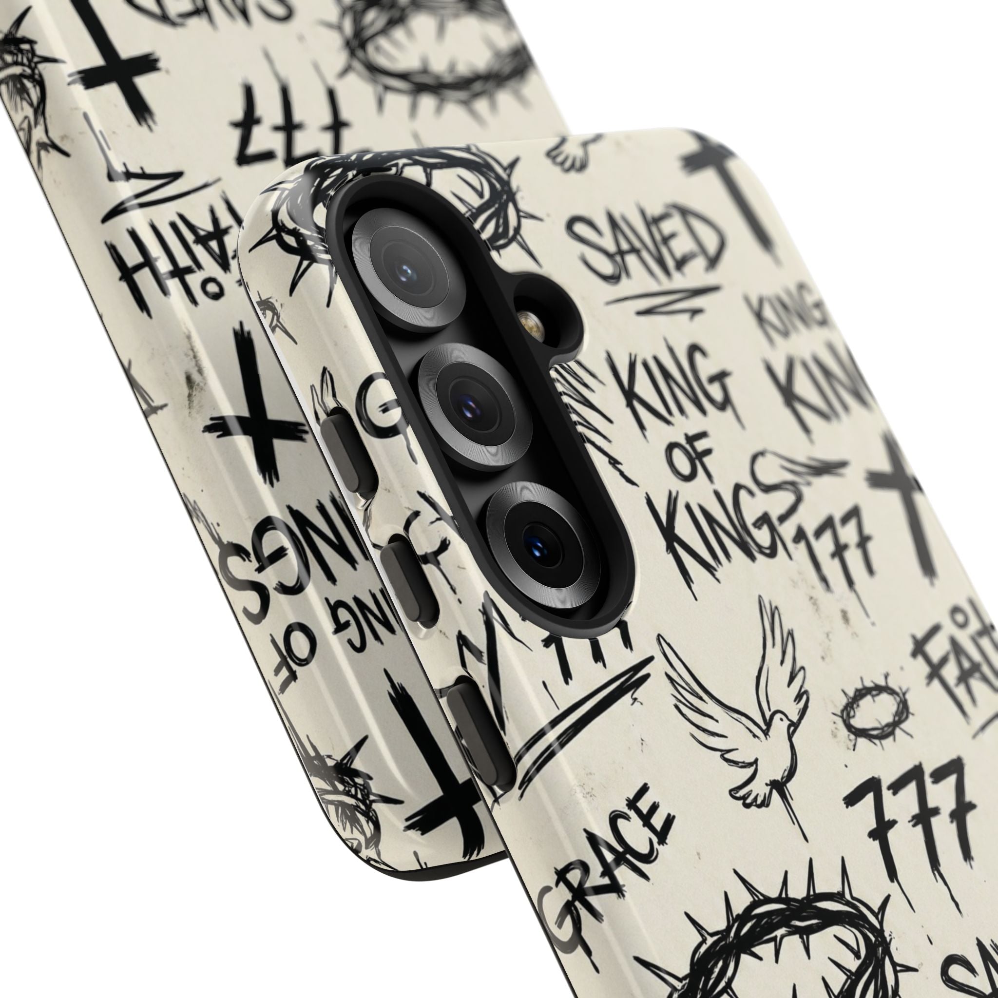 Christian Graffiti Phone Case | "Saved" & "King of Kings" Doodle Art, Urban Streetwear Faith Cover, Modern Religious Sketch Design