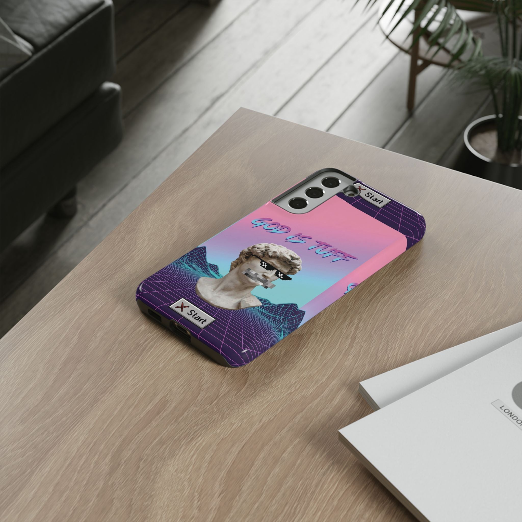 God is Tuff" Vaporwave Christian Phone Case | Aesthetic Statue with Pixel Shades, Retro 80s 90s Synthwave Grid, Gen Z Faith Gift