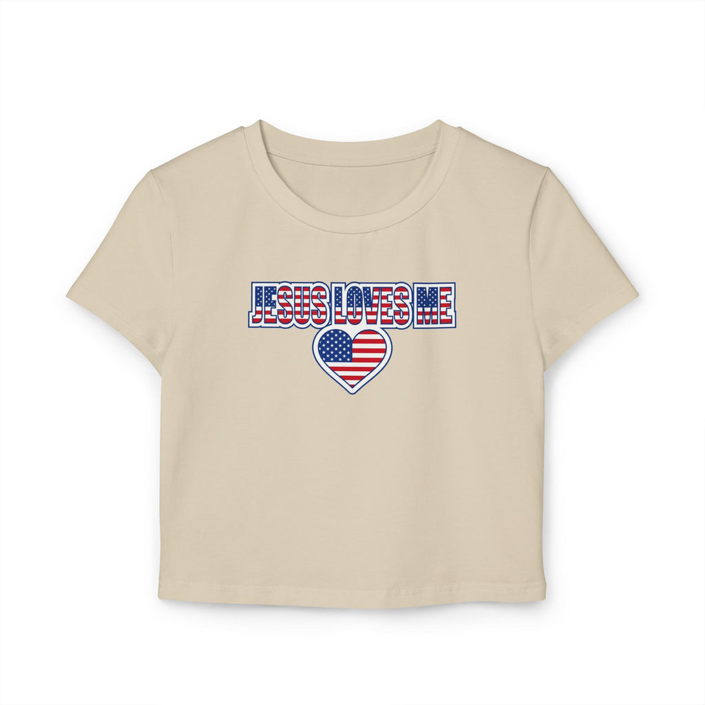 Jesus Loves Me Baby Tee, Patriotic Christian Crop Top, American Flag Heart Faith Shirt