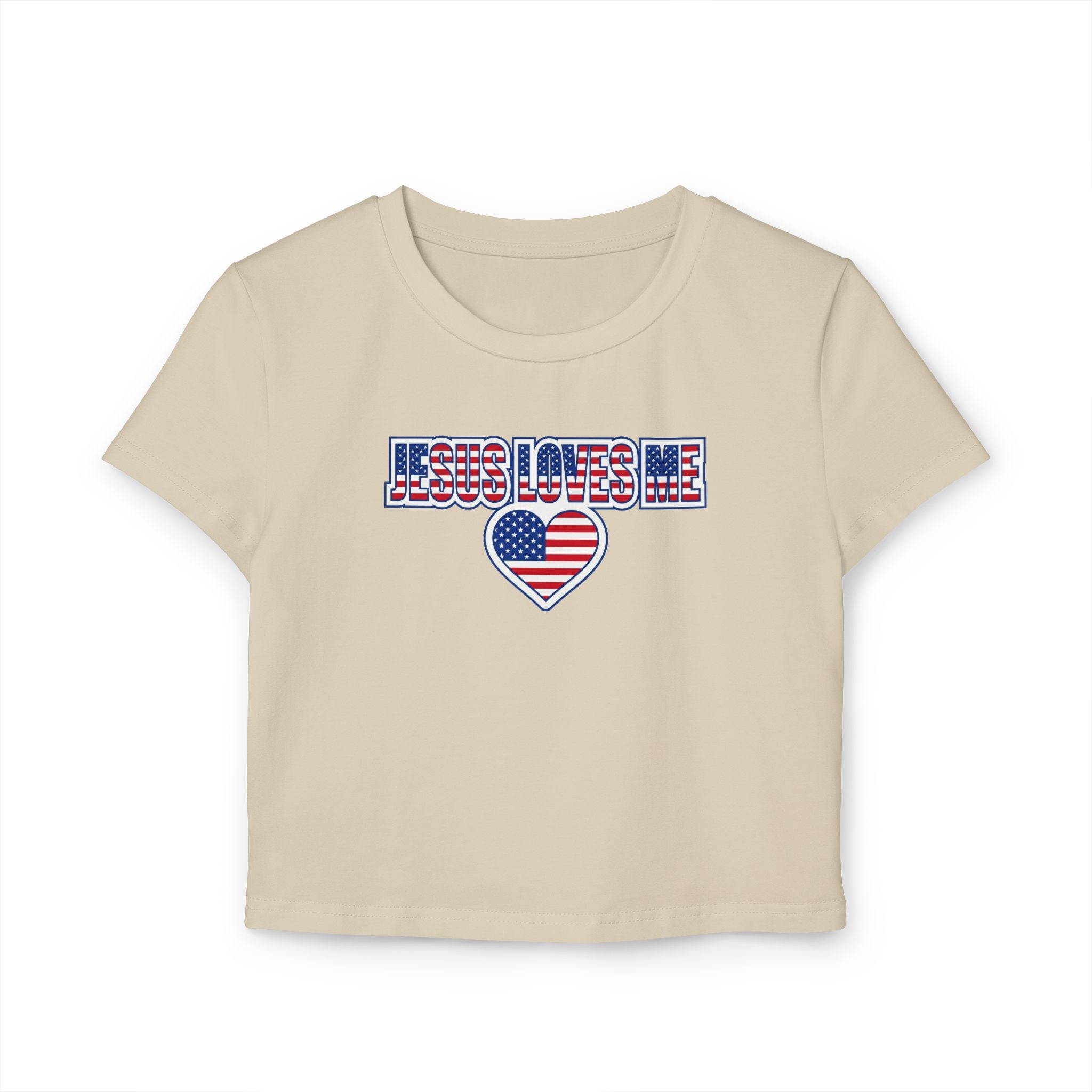 Jesus Loves Me Baby Tee, Patriotic Christian Crop Top, American Flag Heart Faith Shirt