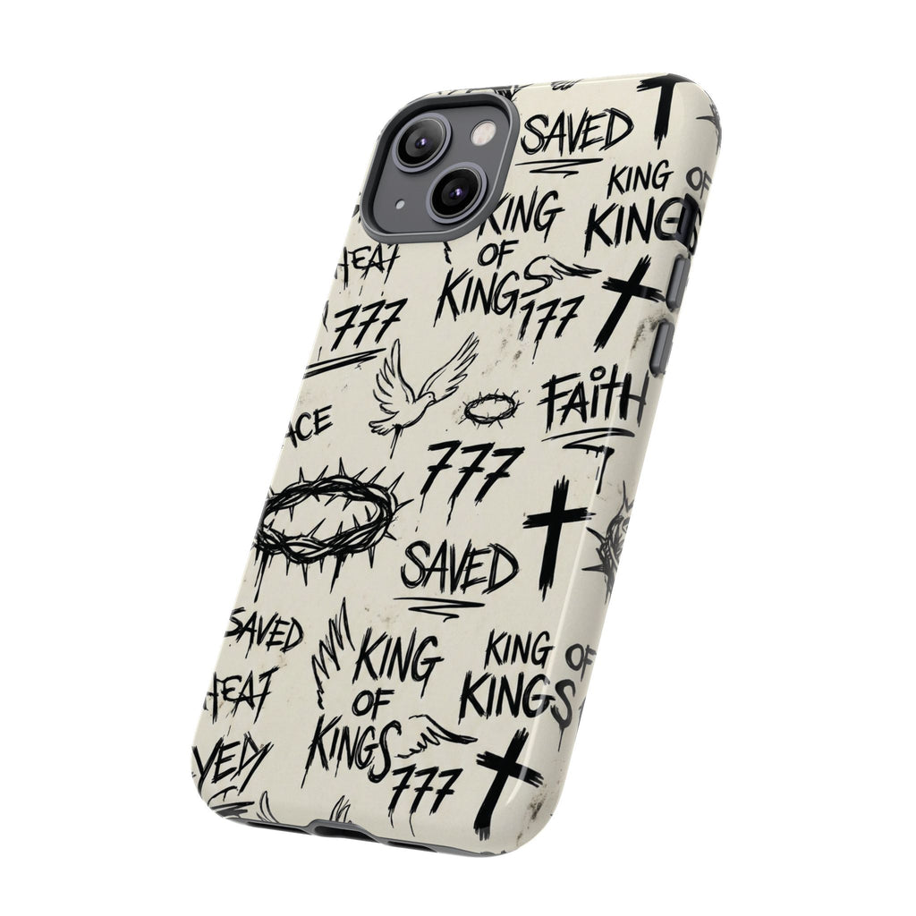 Christian Graffiti Phone Case | "Saved" & "King of Kings" Doodle Art, Urban Streetwear Faith Cover, Modern Religious Sketch Design