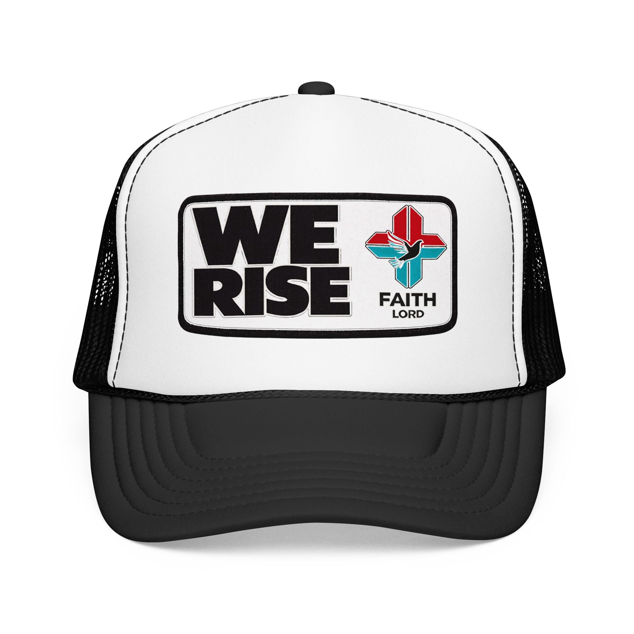 Christian Trucker Hat, We Rise Foam Hat, Retro Soccer Fan Cap, Faith Patch Hat, Stadium Style Christian Cap