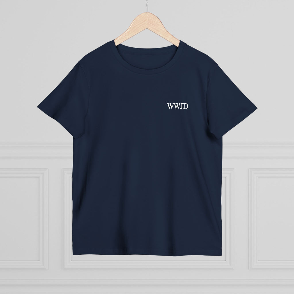WWJD chest print T-Shirt | 1 John 2:6 scripture back