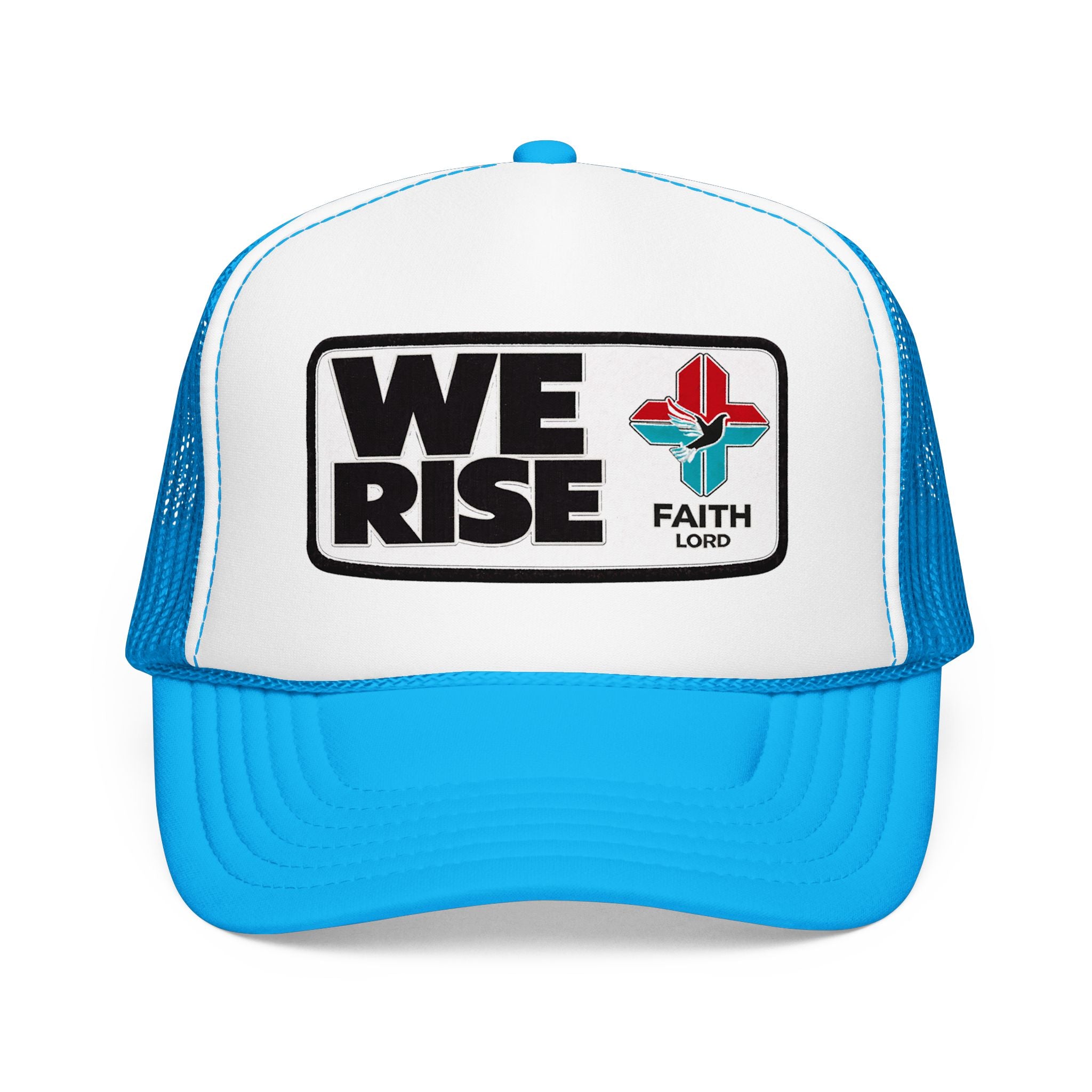 Christian Trucker Hat, We Rise Foam Hat, Retro Soccer Fan Cap, Faith Patch Hat, Stadium Style Christian Cap