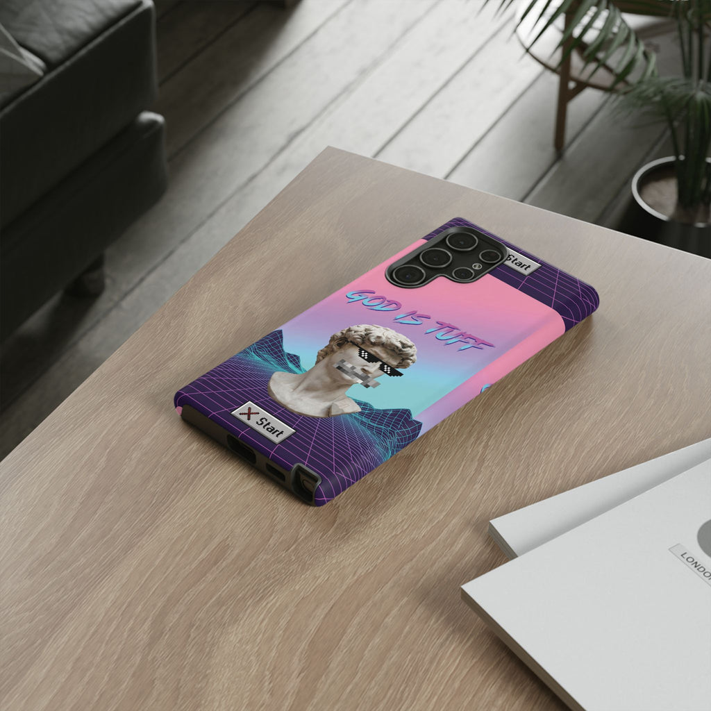 God is Tuff" Vaporwave Christian Phone Case | Aesthetic Statue with Pixel Shades, Retro 80s 90s Synthwave Grid, Gen Z Faith Gift