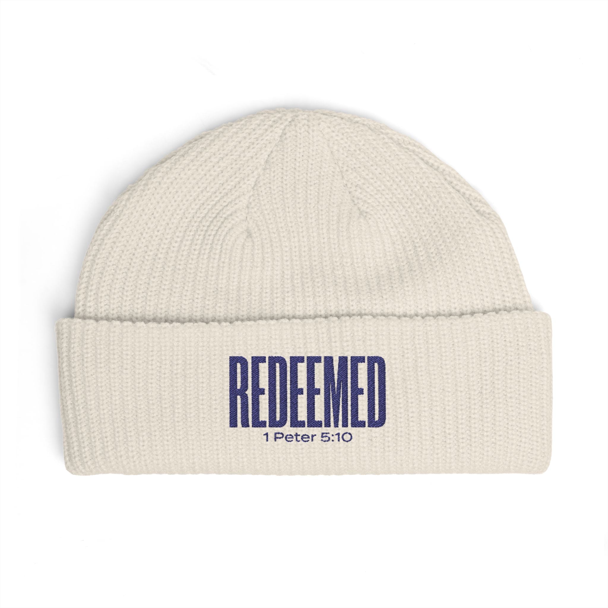 Redeemed Beanie, Embroidered Christian Cuff Beanie, 1 Peter 5:10 Scripture Hat, Winter Knit Cap, Faith Gift