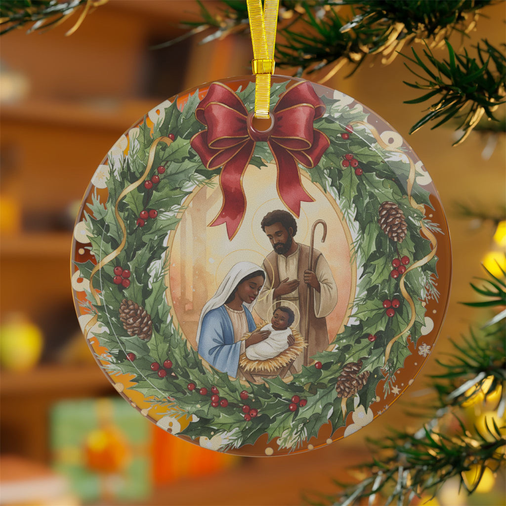 African American Nativity Glass Ornament Holy Family Wreath Christmas Decor Beveled Glass Keepsake Religious Gift