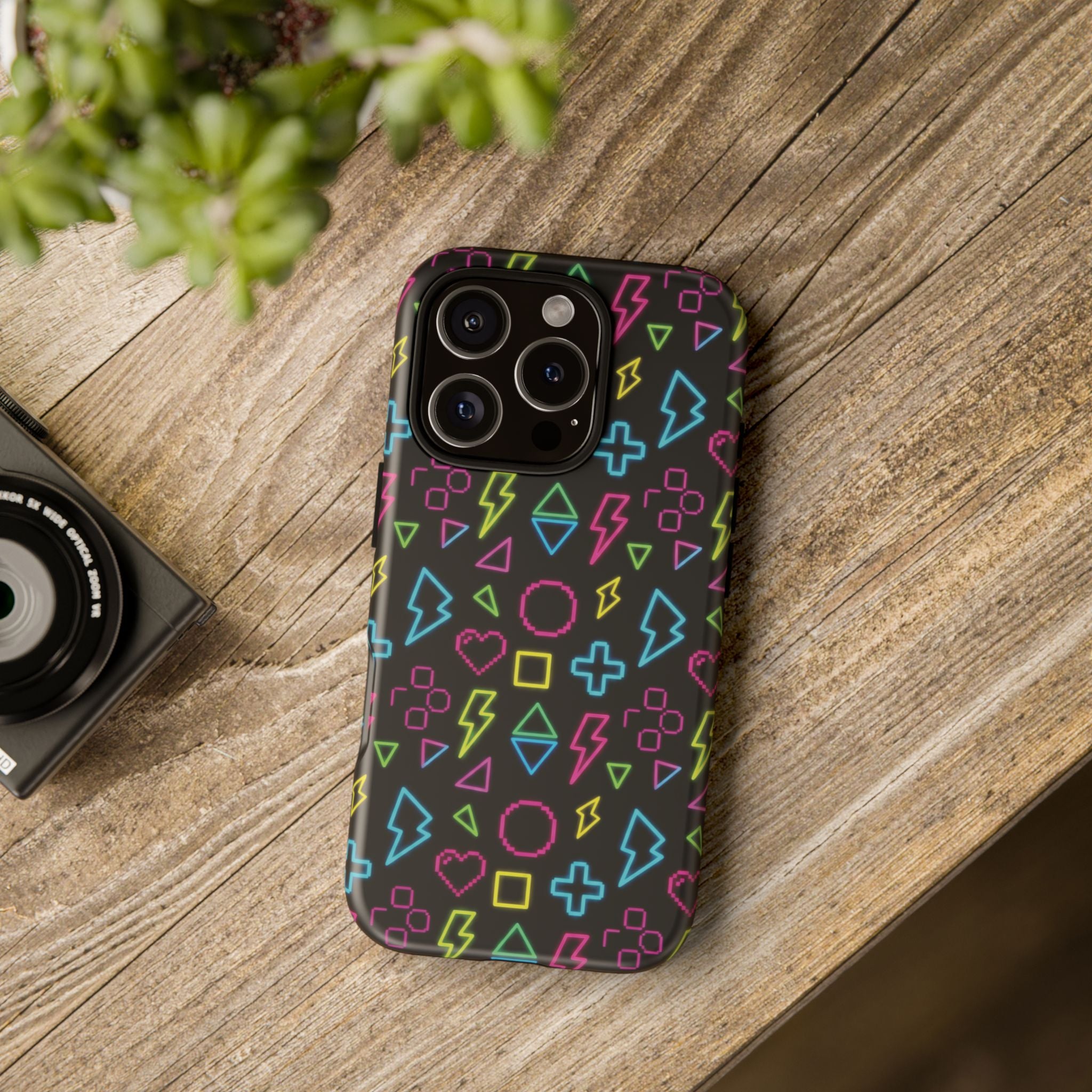 Electric Savior" Retro 90s Christian Phone Case | Neon Synthwave Pixel Art, Lightning Cross & Geometric Design, Bold Faith Gift
