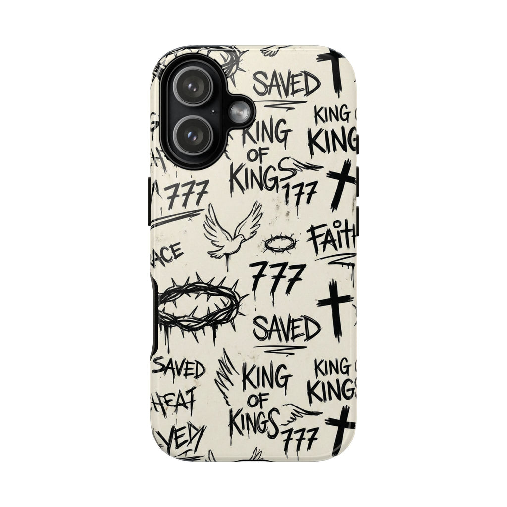 Christian Graffiti Phone Case | "Saved" & "King of Kings" Doodle Art, Urban Streetwear Faith Cover, Modern Religious Sketch Design
