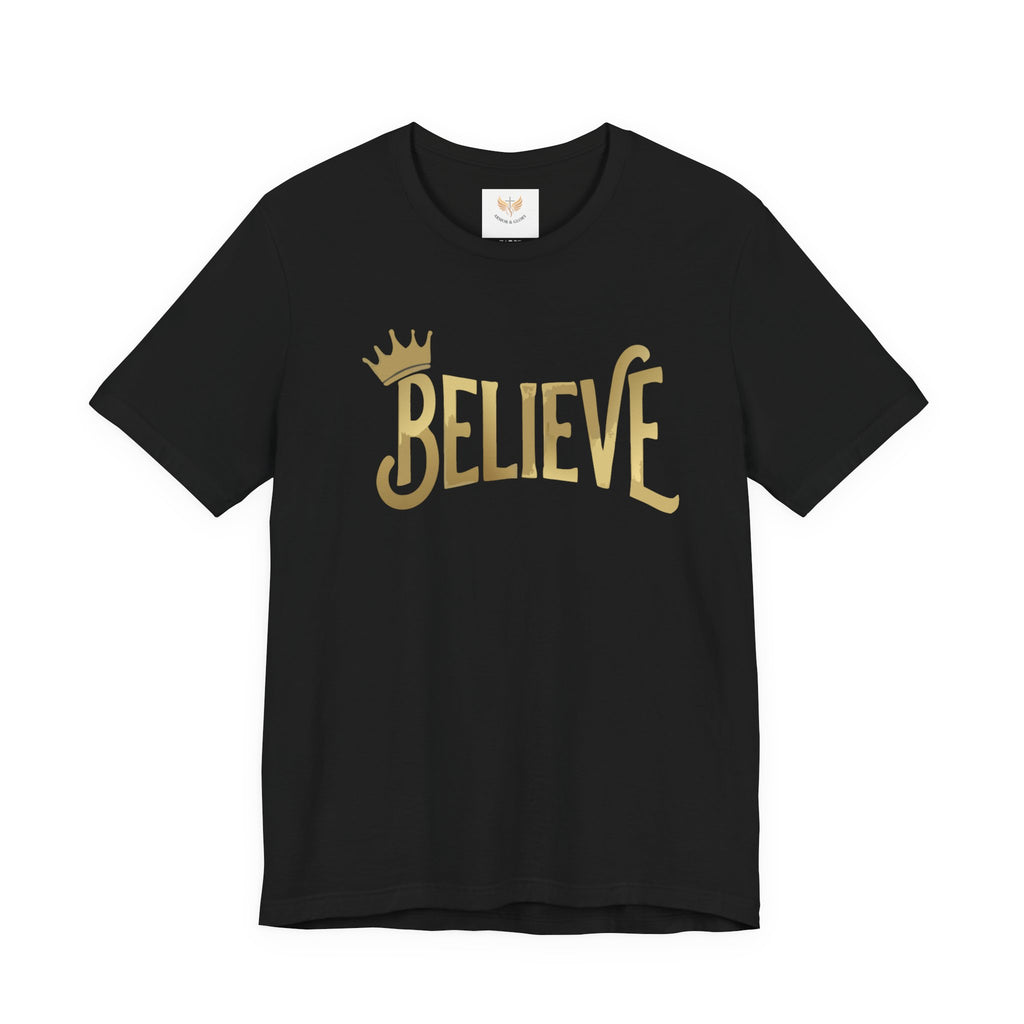 Believe Crown Christian Shirt with hand lettered BELIEVE and a small crown. A soft unisex jersey tee that keeps faith simple, modern, and wearable. Perfect as an encouragement gift or an everyday reminder to keep trusting God.