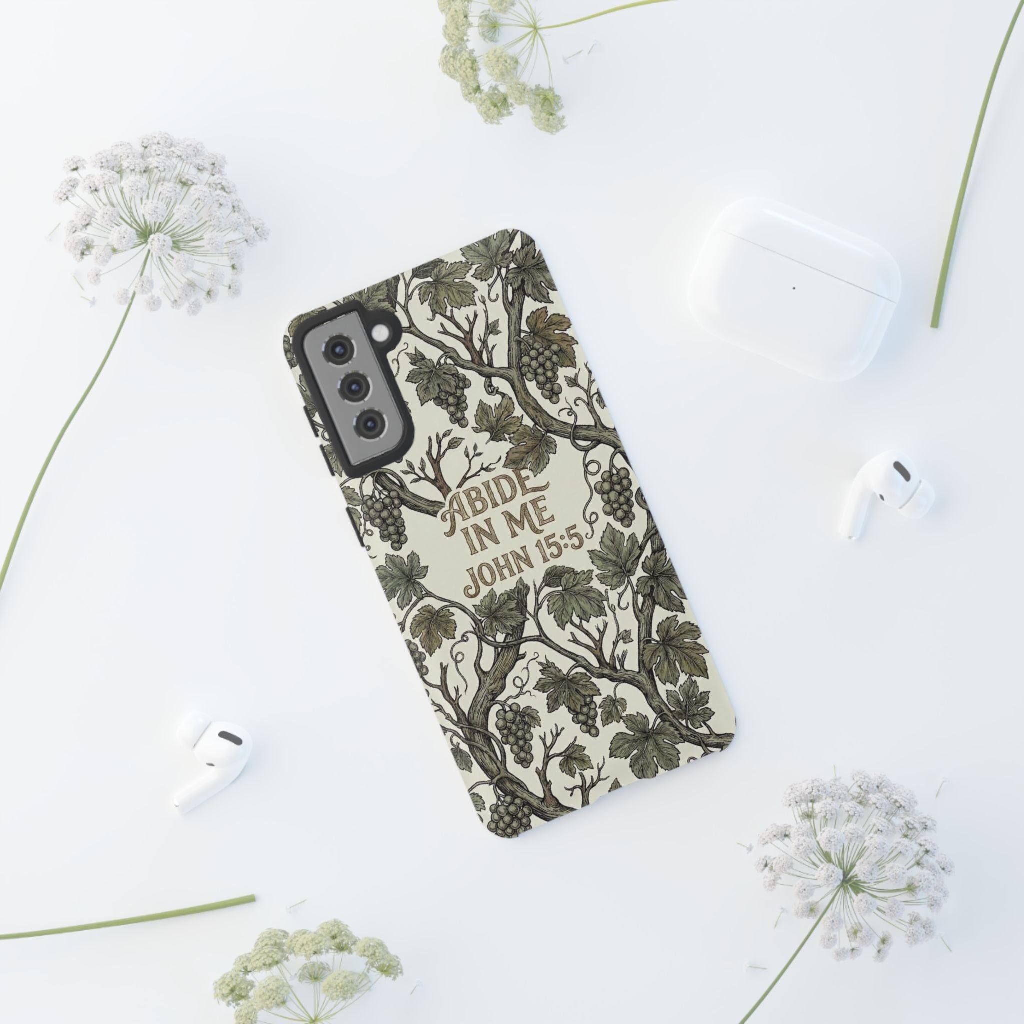 True Vine" Christian Phone Case | John 15 Scripture Art, Earthy Green Botanical Pattern, Nature Faith Gift, Bible Verse Cover