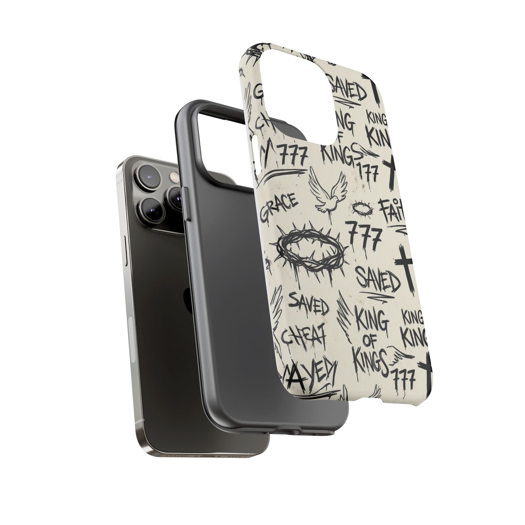 Christian Graffiti Phone Case | "Saved" & "King of Kings" Doodle Art, Urban Streetwear Faith Cover, Modern Religious Sketch Design