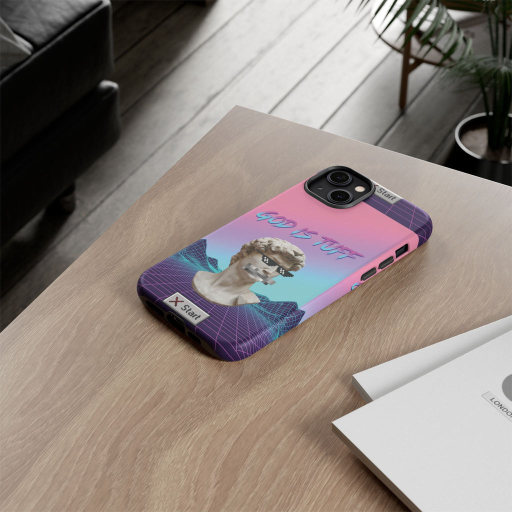 God is Tuff" Vaporwave Christian Phone Case | Aesthetic Statue with Pixel Shades, Retro 80s 90s Synthwave Grid, Gen Z Faith Gift