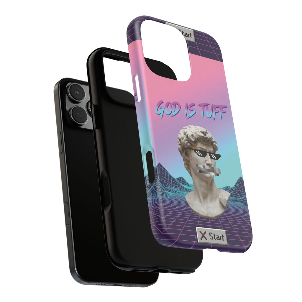 God is Tuff" Vaporwave Christian Phone Case | Aesthetic Statue with Pixel Shades, Retro 80s 90s Synthwave Grid, Gen Z Faith Gift